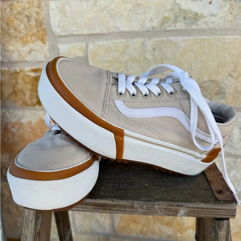 Vans Old Skool Stackform Khaki Tan Gum Sole Platform Sneakers Men 4 / Women 5.5 - Picture 8 of 11